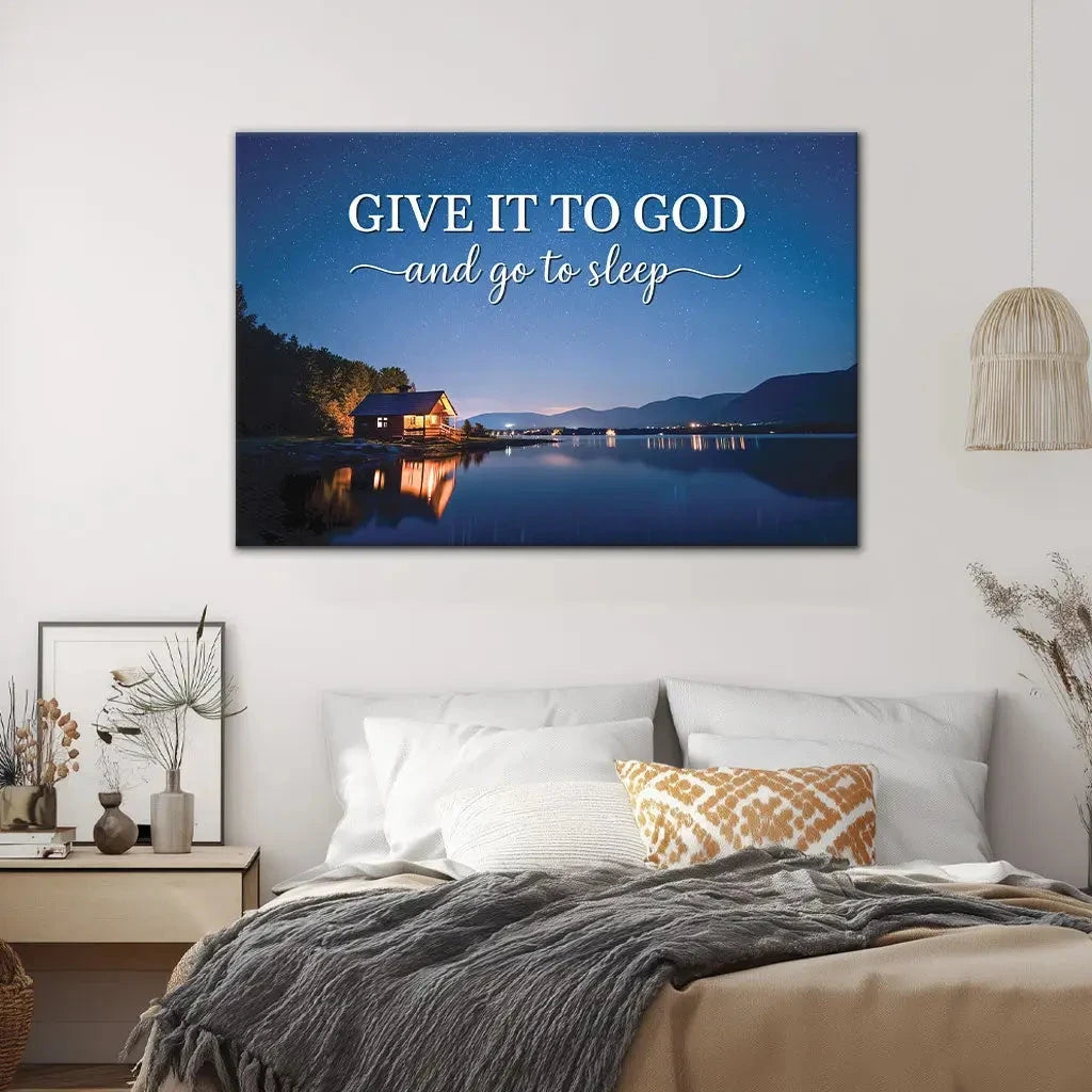 give it to god and go to sleep starry lake cabin christian wall art canvas print (Landscape) (view 2)
