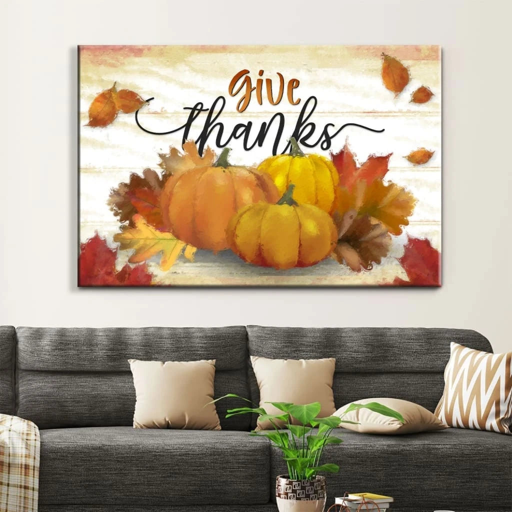 give thanks pumpkin fall thanksgiving wall art canvas (Landscape)