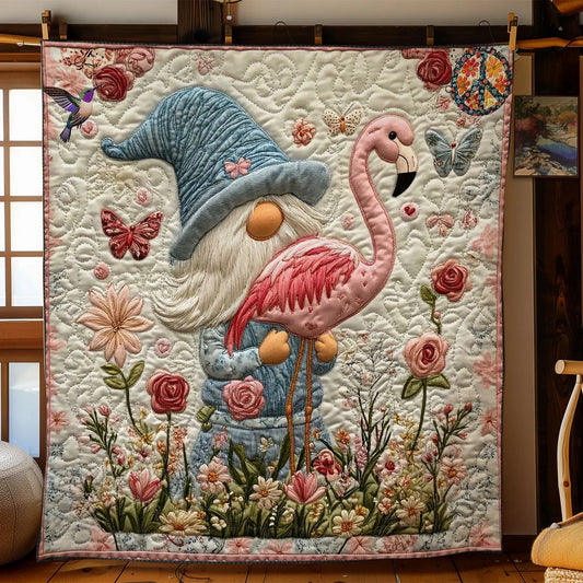 Gnome With Flamingo Friend Quilt Blanket