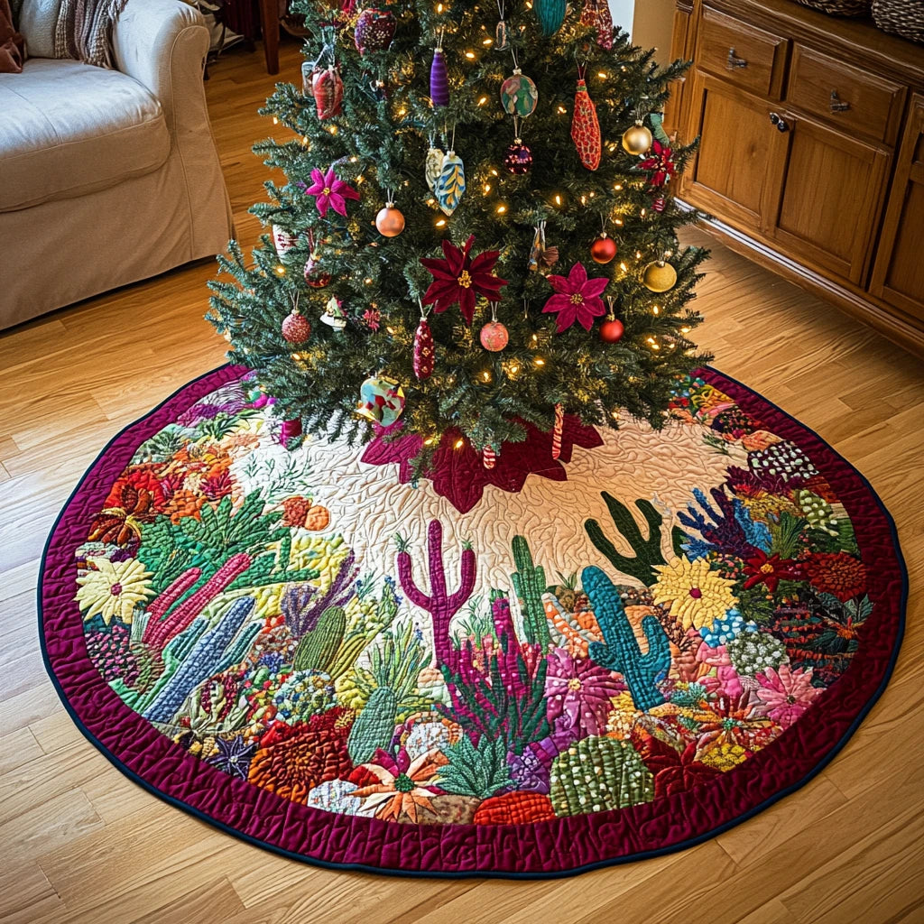 Golden Cactus Christmas Quilted Tree Skirt