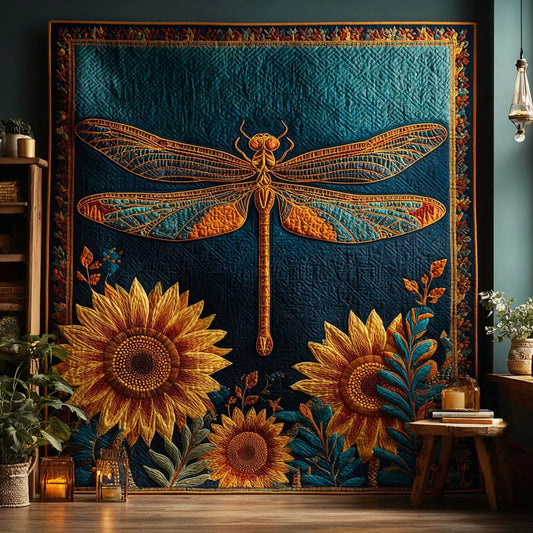 Golden Dragonfly Sunflower Quilt Blanket