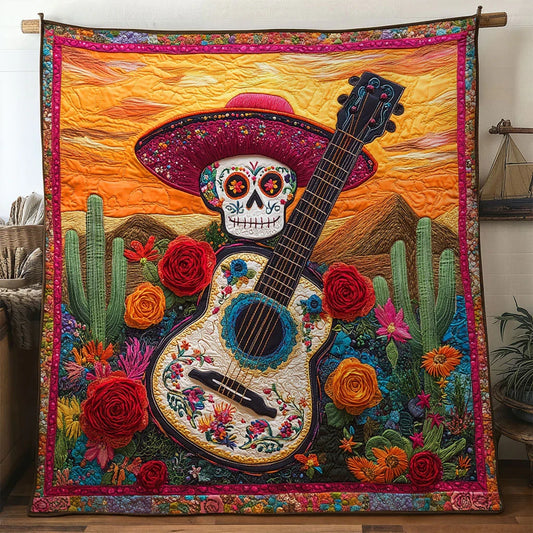 Golden Sunset Guitar Quilt Blanket