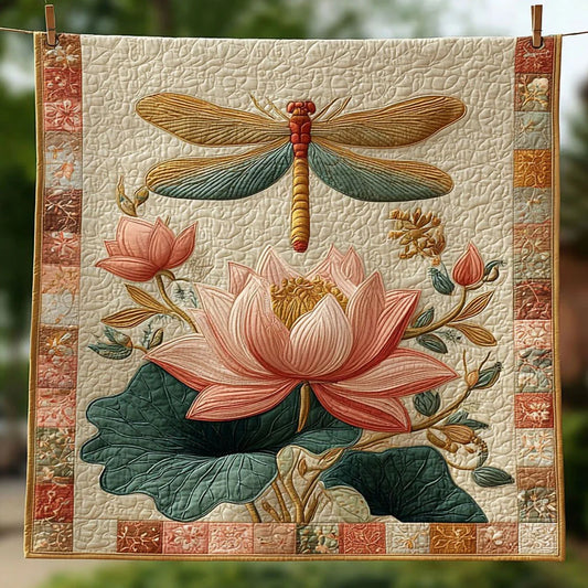 Graceful Lotus Dragonfly Quilt Blanket