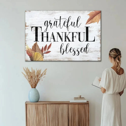 grateful thankful blessed fall wall art canvas print (Landscape)