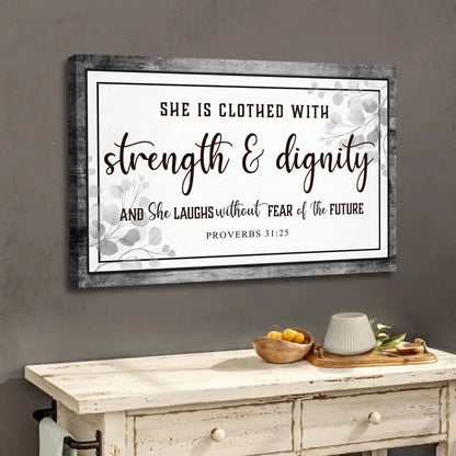 proverbs 31 25 wall art she is clothed with strength dignity wall art canvas (Landscape) (view 3)
