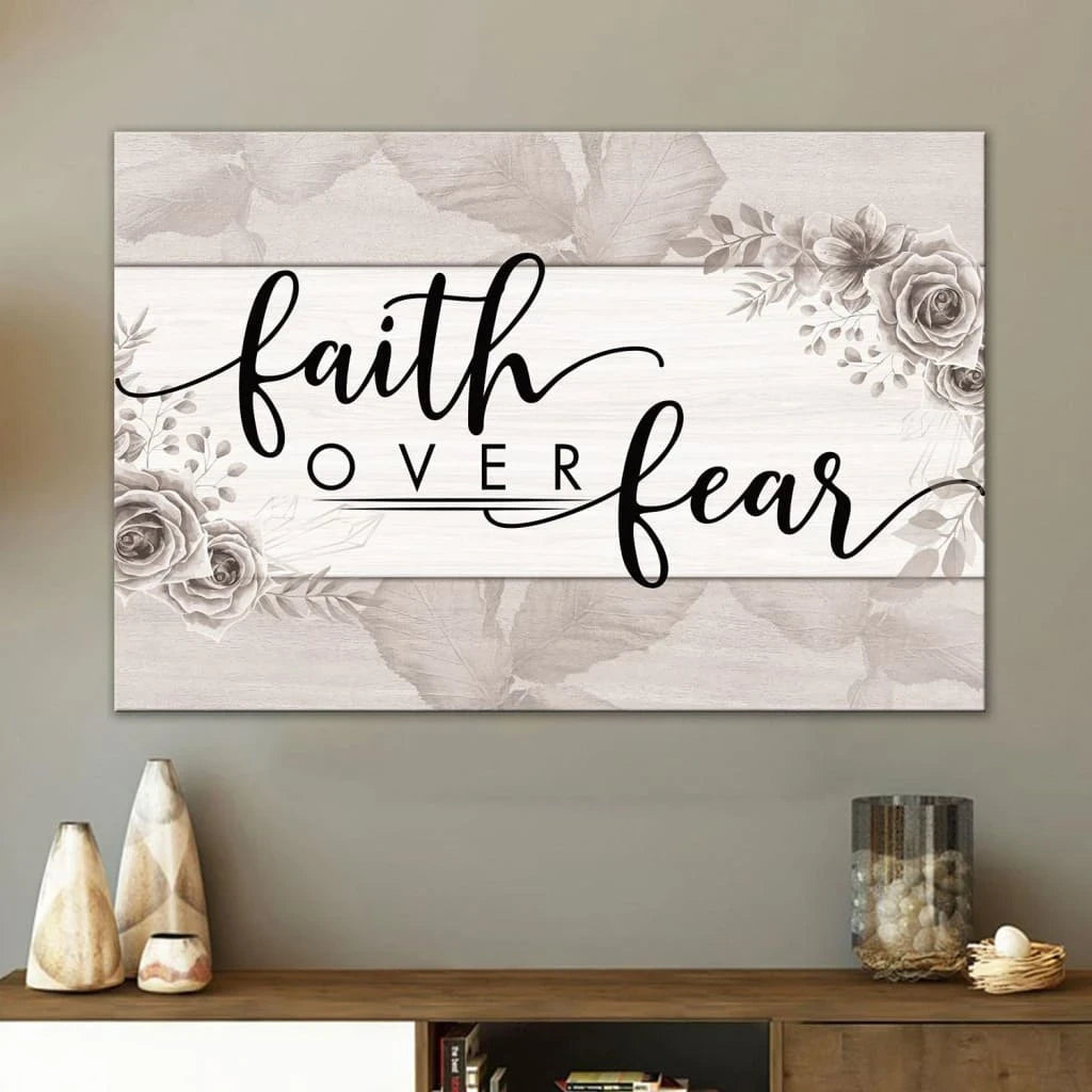 christian wall art faith over fear floral wall art canvas print (Landscape) (view 2)