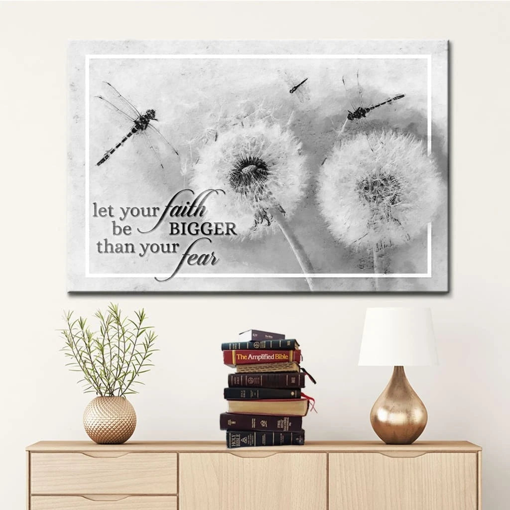 let your faith be bigger than your fear dragonfly dandelion wall art canvas (Landscape) (view 3)