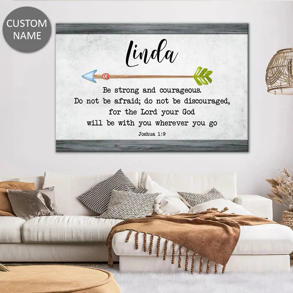 personalized be strong and courageous joshua 1 9 wall art canvas with custom name (Landscape) (view 3)