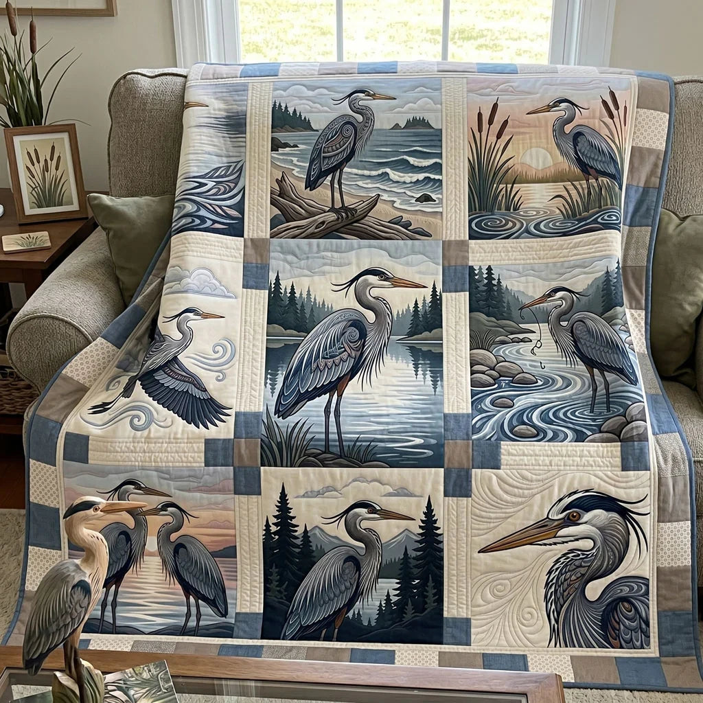 Great Blue Heron Reflections Quilt Blanket