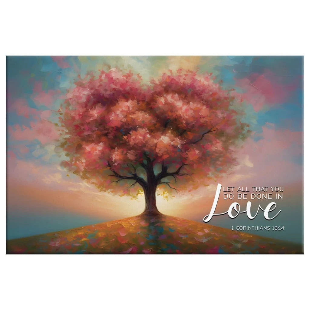 let all that you do be done in love heart shape tree wall art canvas (Landscape) (view 3)