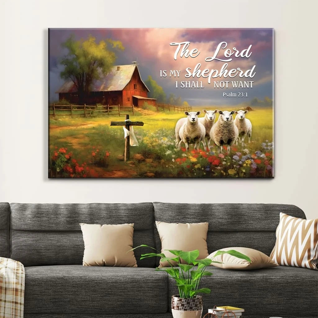 the lord is my shepherd red barn and sheep psalm 23 1 wall art canvas (Landscape) (view 2)