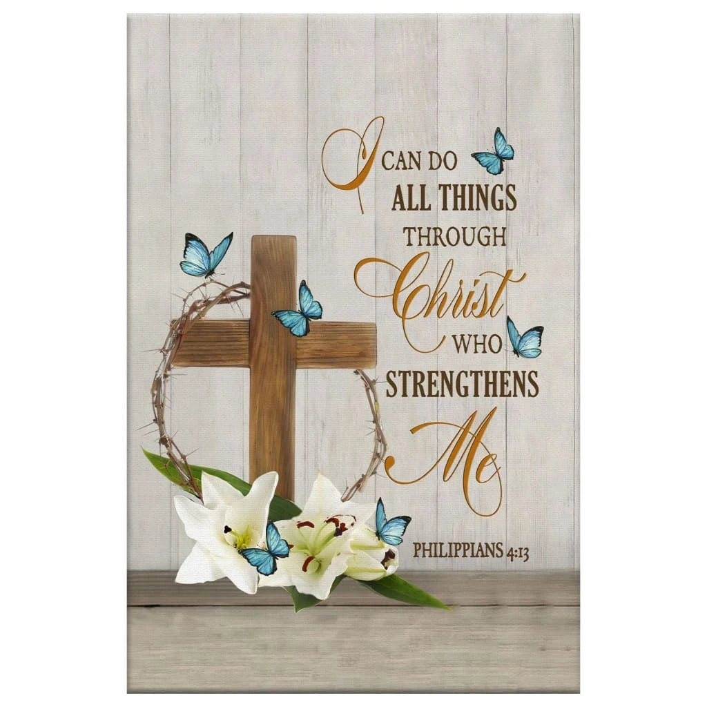 i can do all things through christ wooden cross lily flower butterflies wall art canvas (Landscape) (view 3)