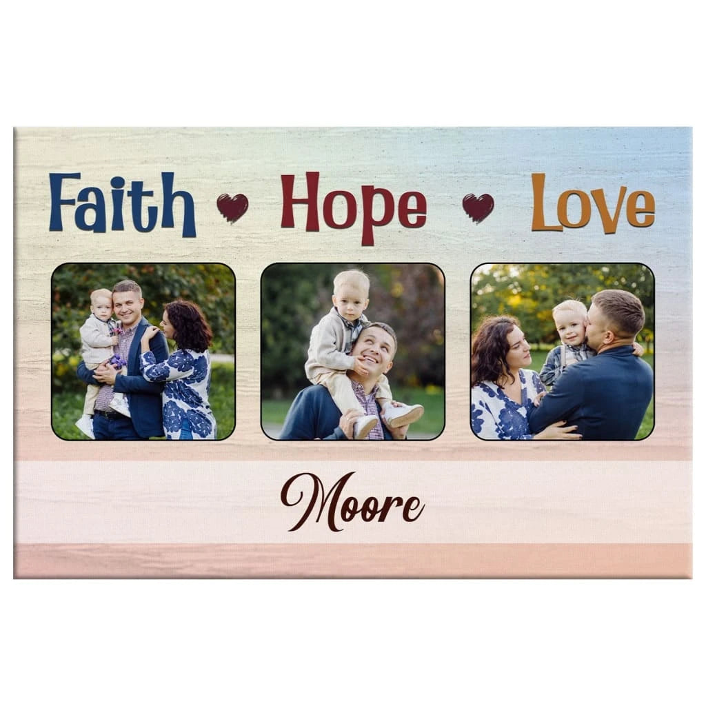 personalized faith hope love wall art canvas with custom family photos and name (Landscape) (view 2)