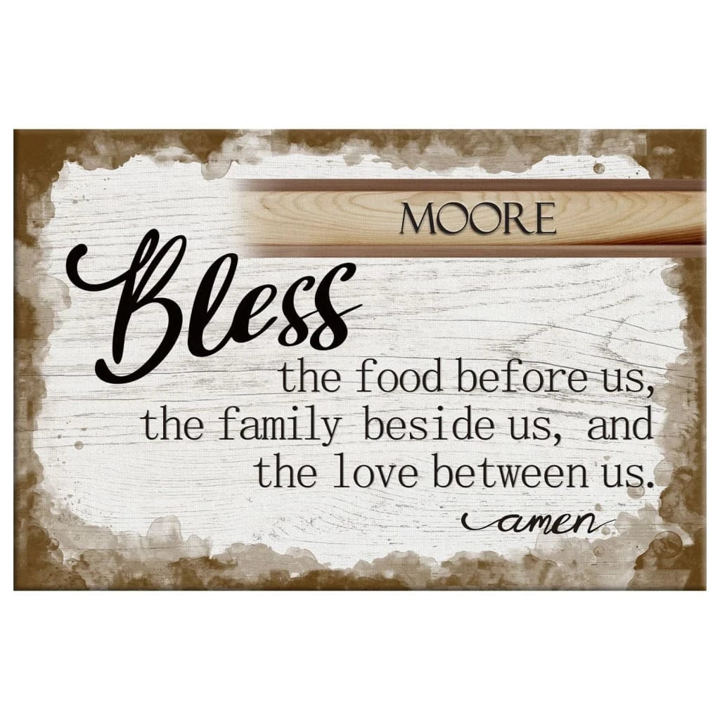 personalized family name bless the food before us christian wall art canvas print (Landscape) (view 2)