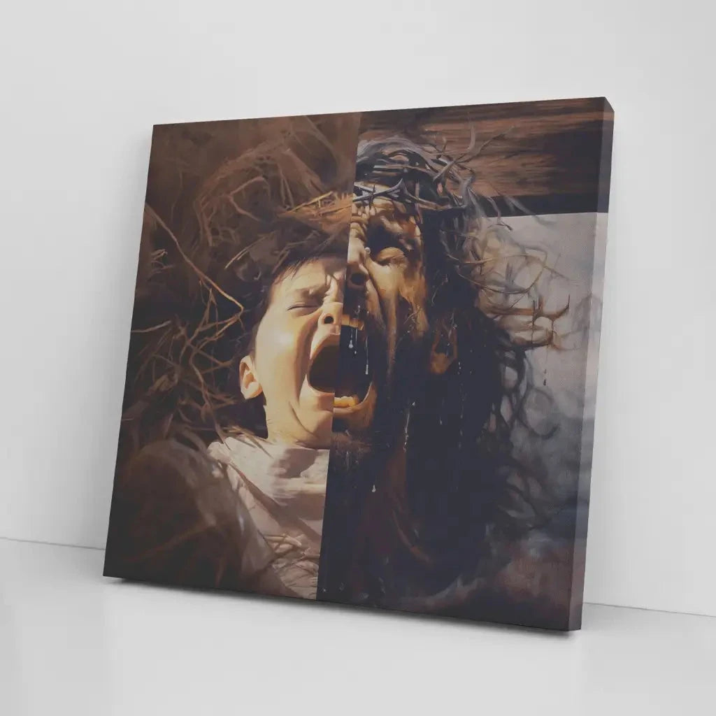 jesus as a baby and on the cross christian wall art canvas (Landscape) (view 2)