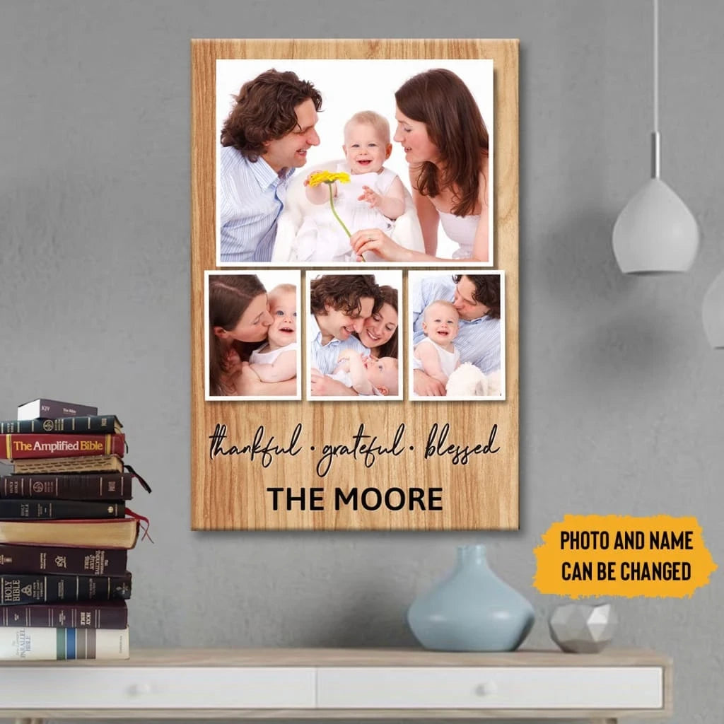 personalized canvas thankful grateful blessed wall art with custom family name photos (view 2)