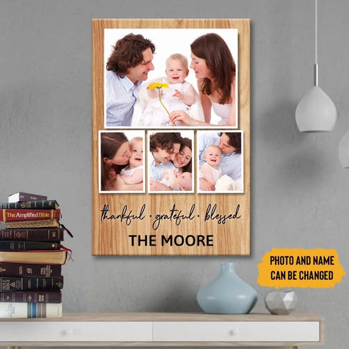 personalized canvas thankful grateful blessed wall art with custom family name photos (view 2)