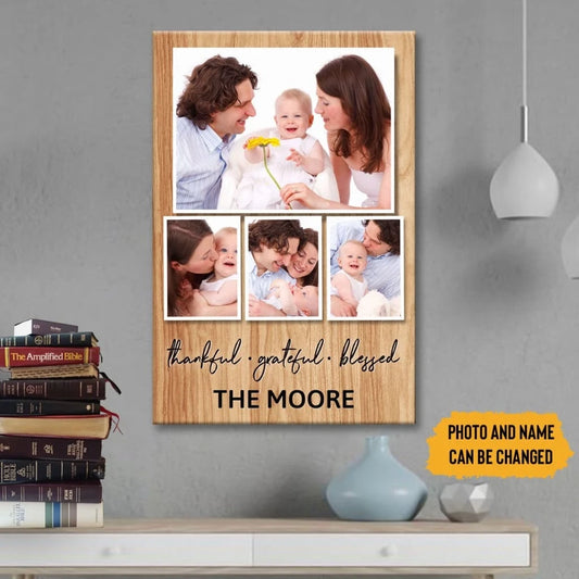 personalized canvas thankful grateful blessed wall art with custom family name photos (view 2)