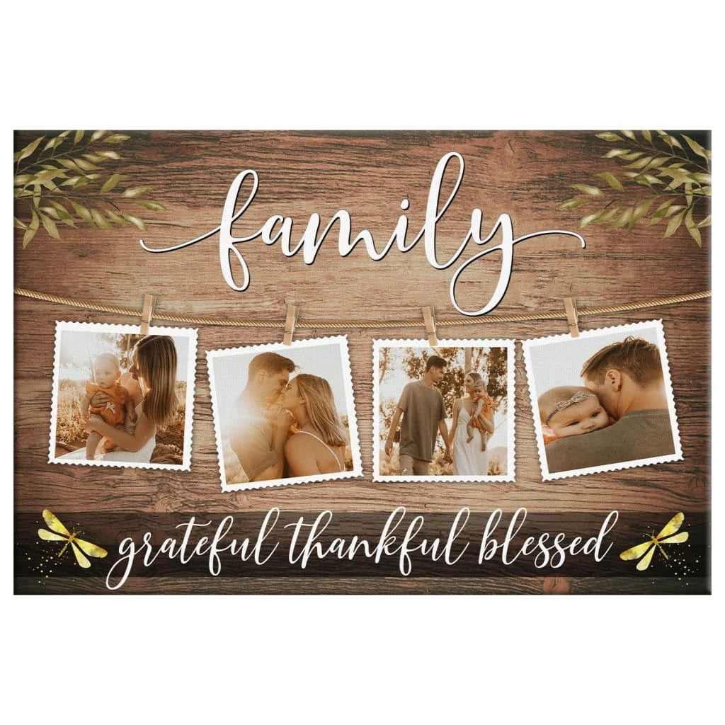 personalized family grateful thankful blessed wall art canvas with custom photos (Landscape) (view 3)