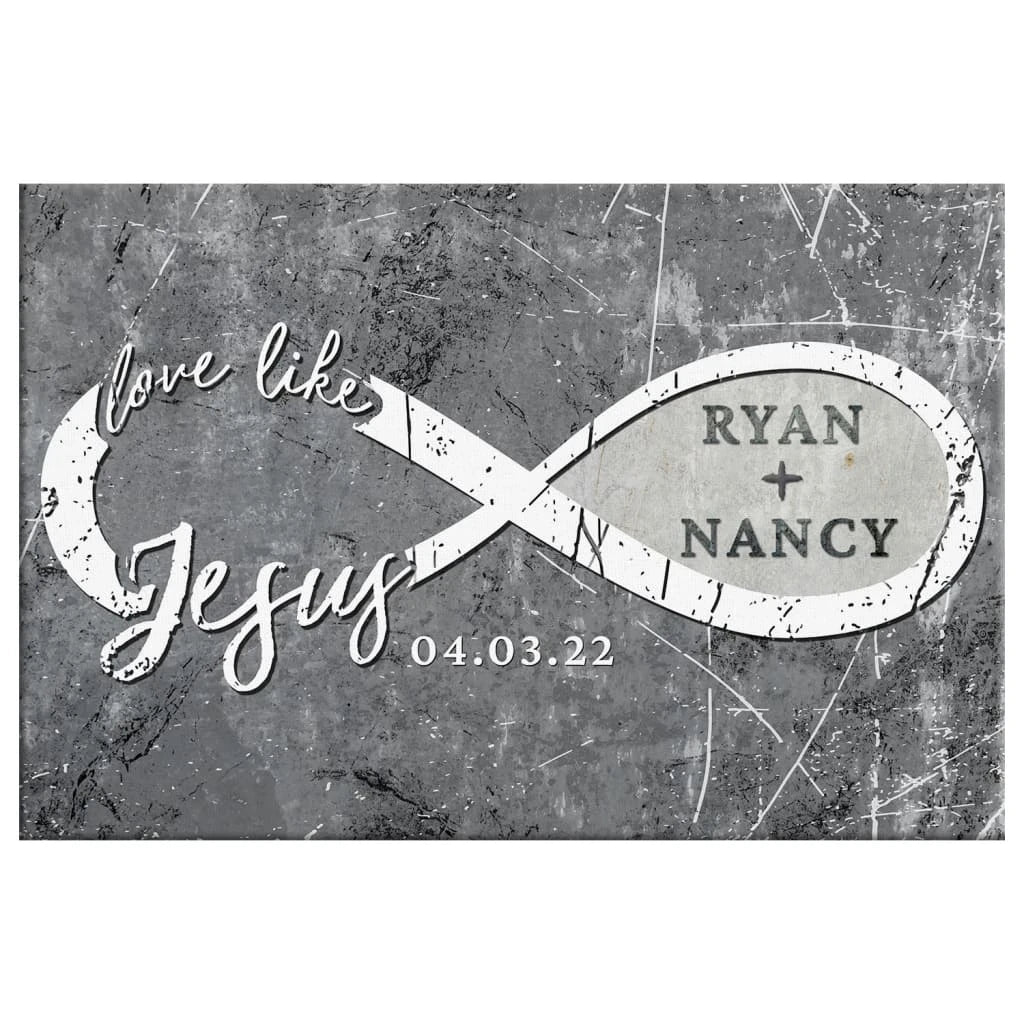 personalized love like jesus wall art canvas print with custom names and date (Landscape) (view 2)