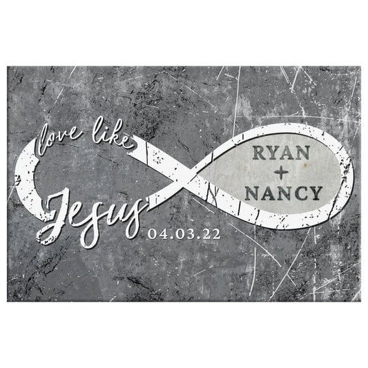 personalized love like jesus wall art canvas print with custom names and date (Landscape) (view 2)