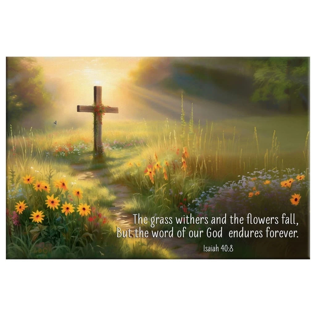 christian wall art isaiah 40 8 the word of our god endures forever canvas wooden cross field (Landscape) (view 2)
