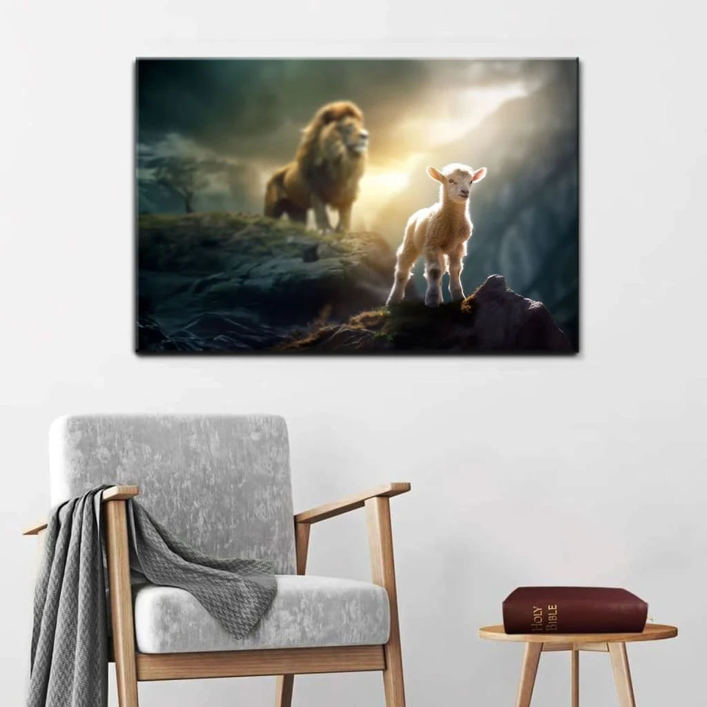 lamb is bold because lion is near christian wall art canvas (Landscape) (view 2)