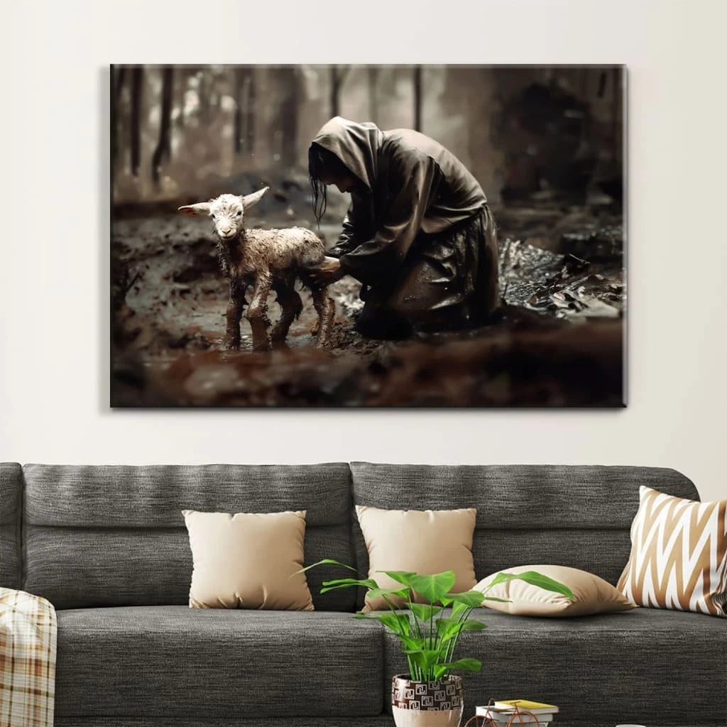 jesus rescues lost lamb wall art canvas (Landscape) (view 8)