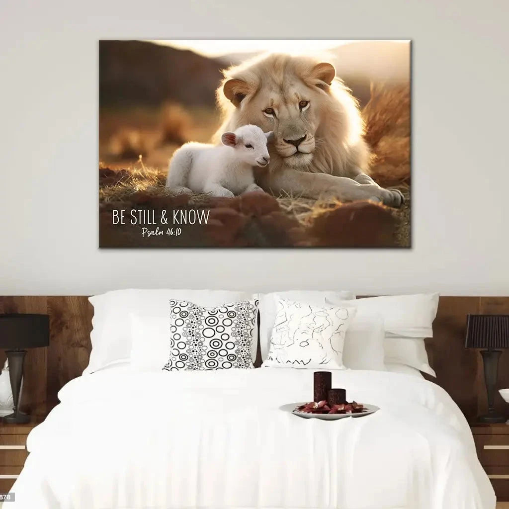 lion and lamb be still and know psalm 46 10 wall art canvas print (Landscape) (view 3)