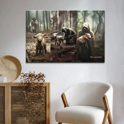 he ran he rescued he carried jesus and lost sheep wall art canvas (view 3)