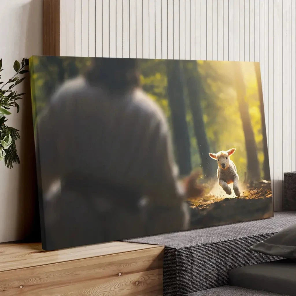 lamb running to jesus in the forest wall art canvas (Landscape) (view 3)