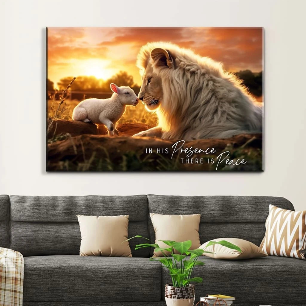 in his presence there is peace lion and lamb wall art canvas (Landscape) (view 6)