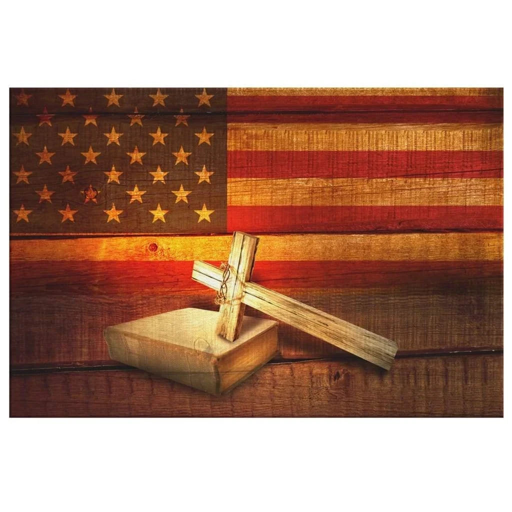 american flag cross with holy bible book wall art canvas (Landscape) (view 4)