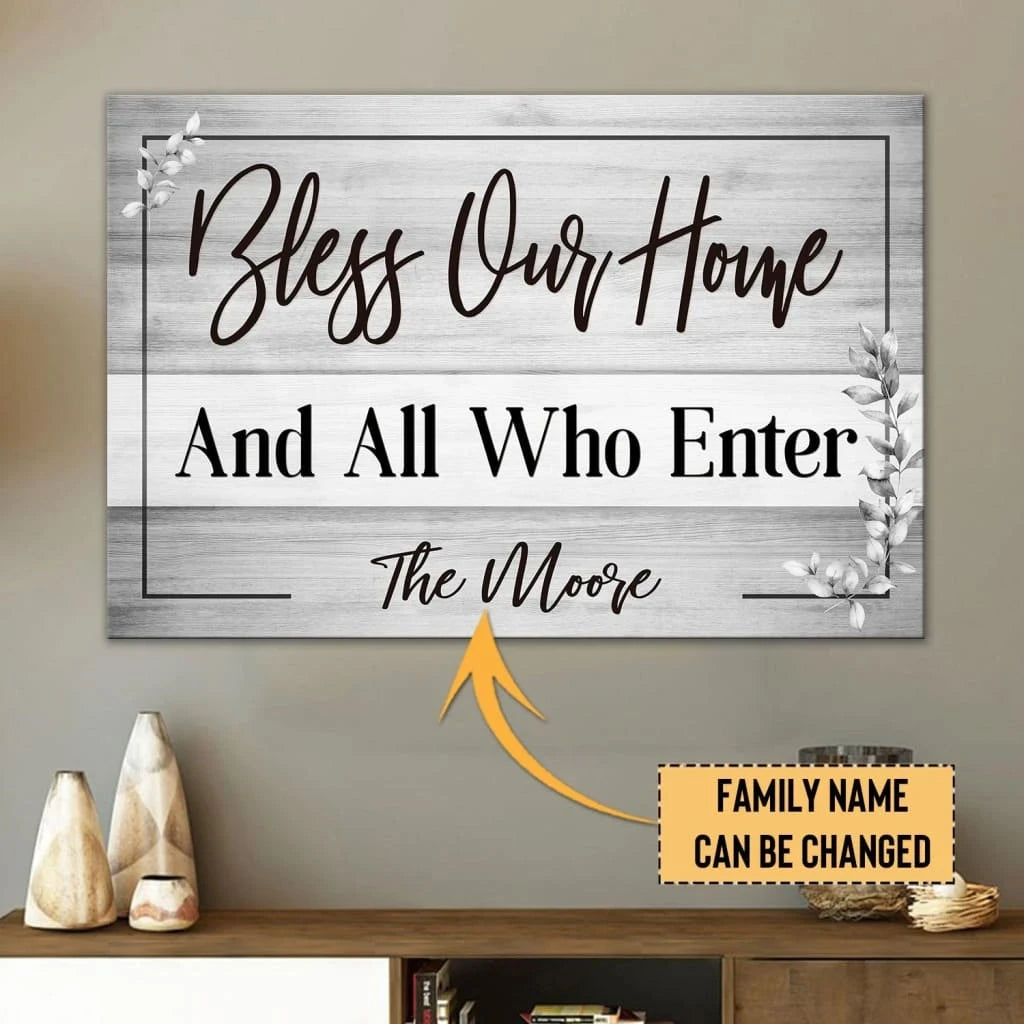 personalized bless our home christian wall art canvas with custom family name (Landscape) (view 2)