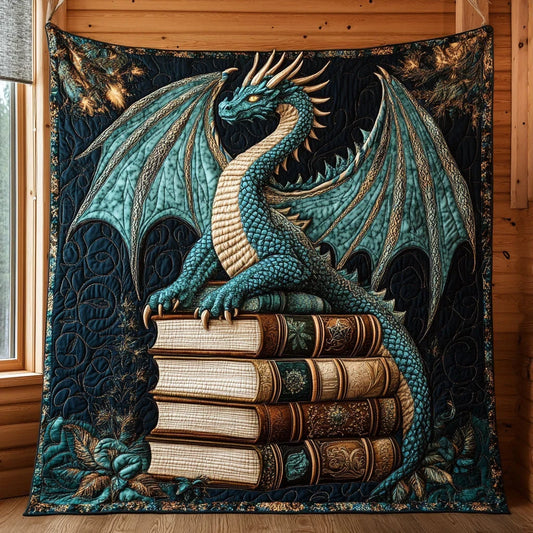 Guardian Dragon On Tomes Quilt Blanket