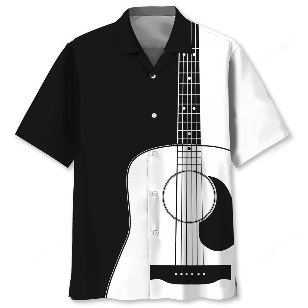 Guitar Black and White Pattern Hawaiian Shirt