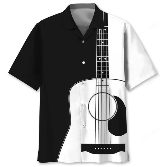 Guitar Black and White Pattern Hawaiian Shirt - S - hawaiian shirt