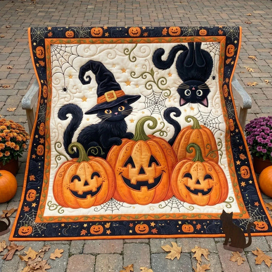 Halloween Black Cats And Pumpkins Quilt Blanket