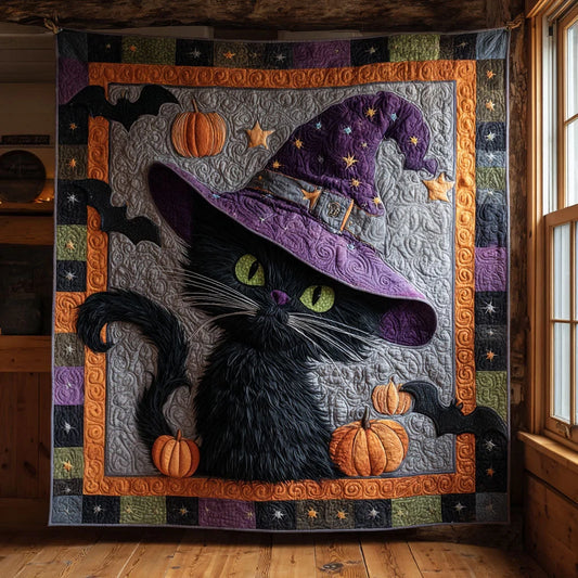 Halloween Witch Cat Quilt Blanket