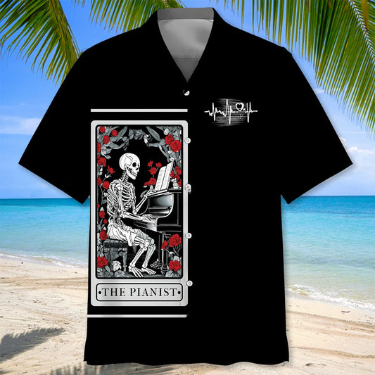 Halloween Skeleton Plays Piano Tarot Card Hawaiian Shirt - S - hawaiian shirt
