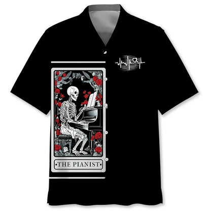 Halloween Skeleton Plays Piano Tarot Card Hawaiian Shirt