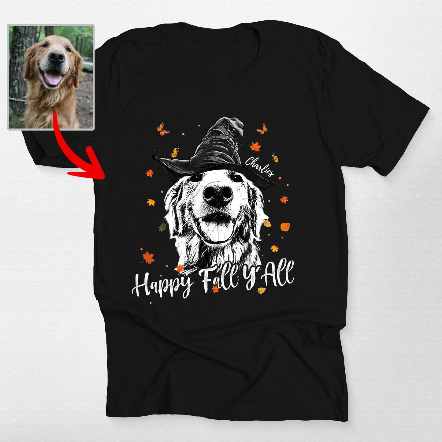 Happy Fall Y'all Customdog Sketch Unisex T-Shirt H, custom pet portrait gift for pet lovers