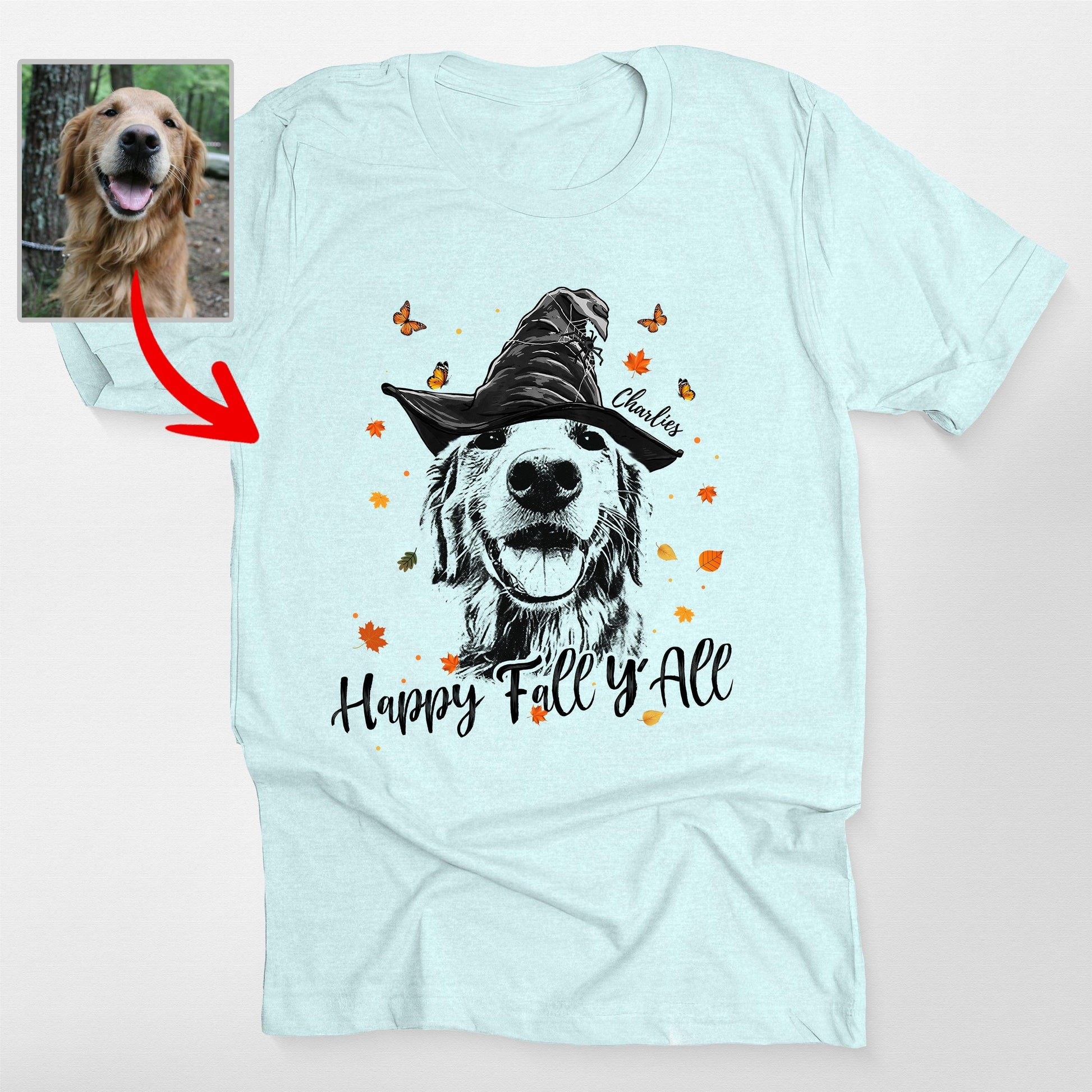 Happy Fall Y'all Customdog Sketch Unisex T-Shirt H, custom pet portrait gift for pet lovers (view 2)