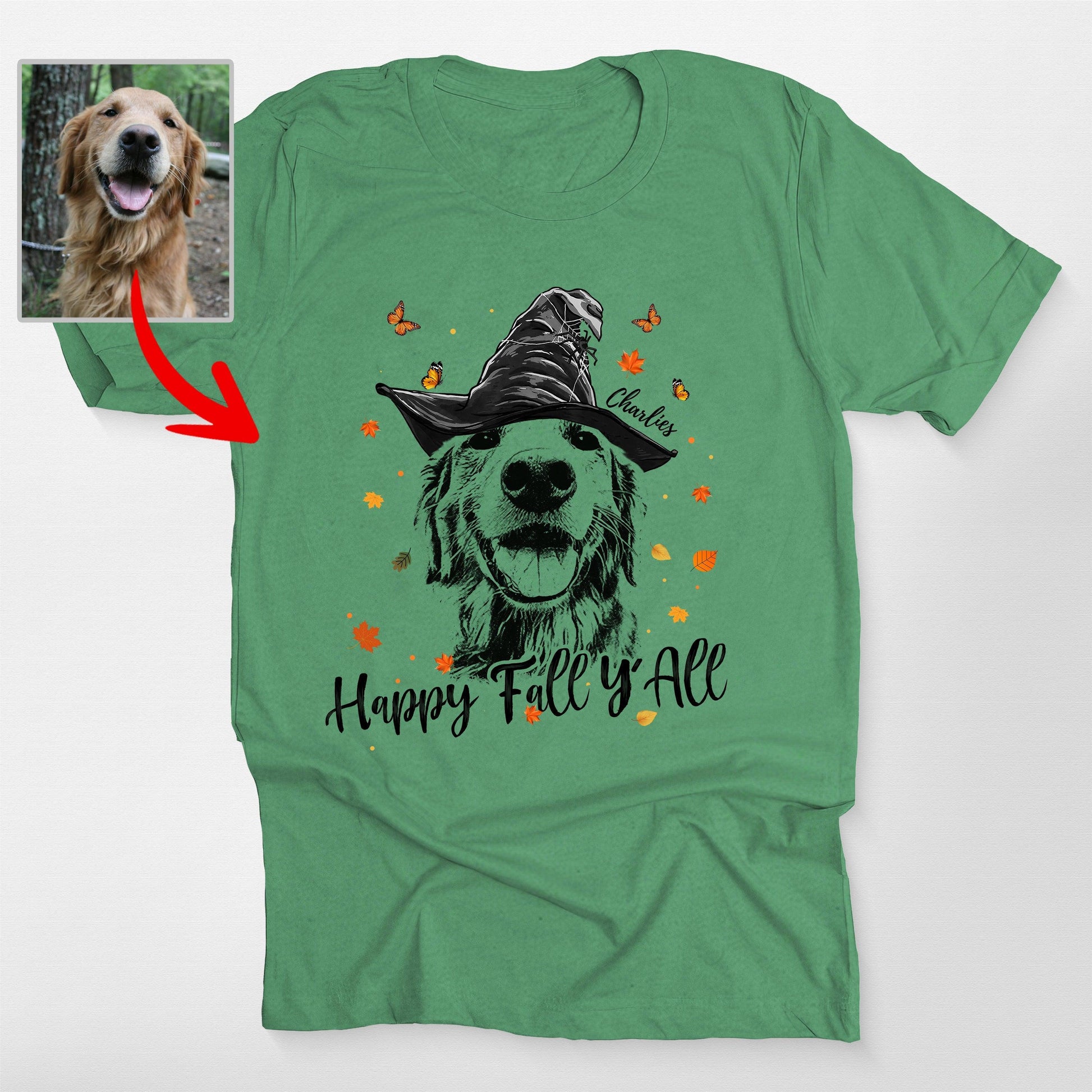 Happy Fall Y'all Customdog Sketch Unisex T-Shirt H, custom pet portrait gift for pet lovers (view 6)