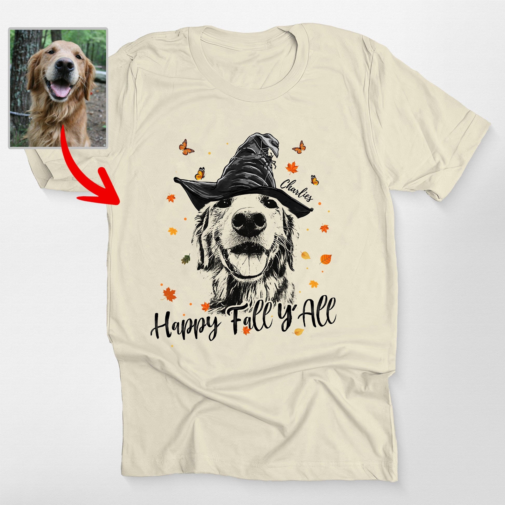 Happy Fall Y'all Customdog Sketch Unisex T-Shirt H, custom pet portrait gift for pet lovers (view 7)