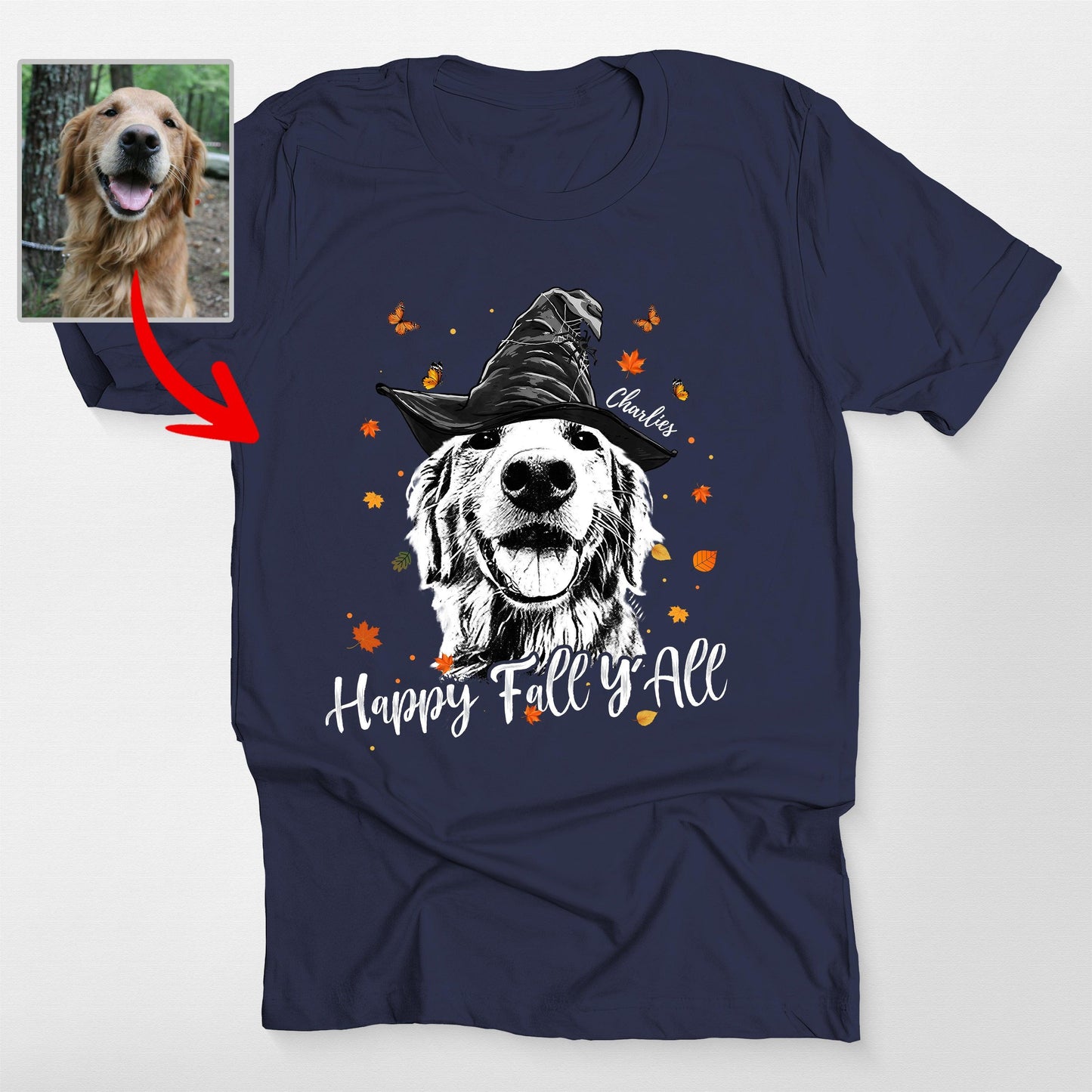 Happy Fall Y'all Customdog Sketch Unisex T-Shirt H, custom pet portrait gift for pet lovers (view 8)