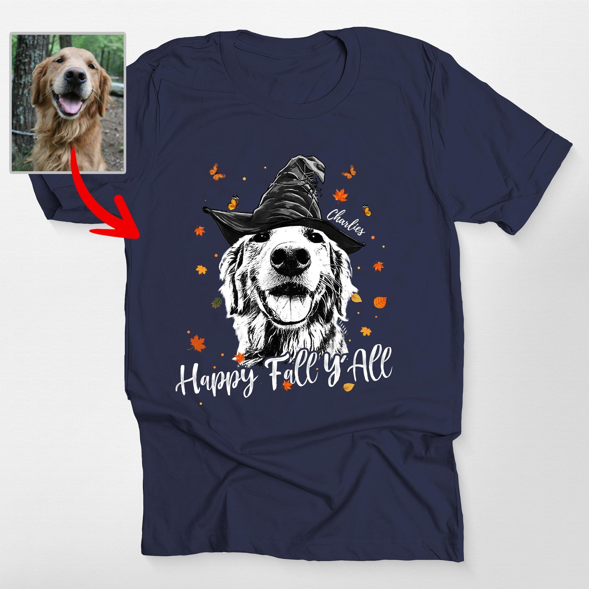 Happy Fall Y'all Customdog Sketch Unisex T-Shirt H, custom pet portrait gift for pet lovers (view 8)