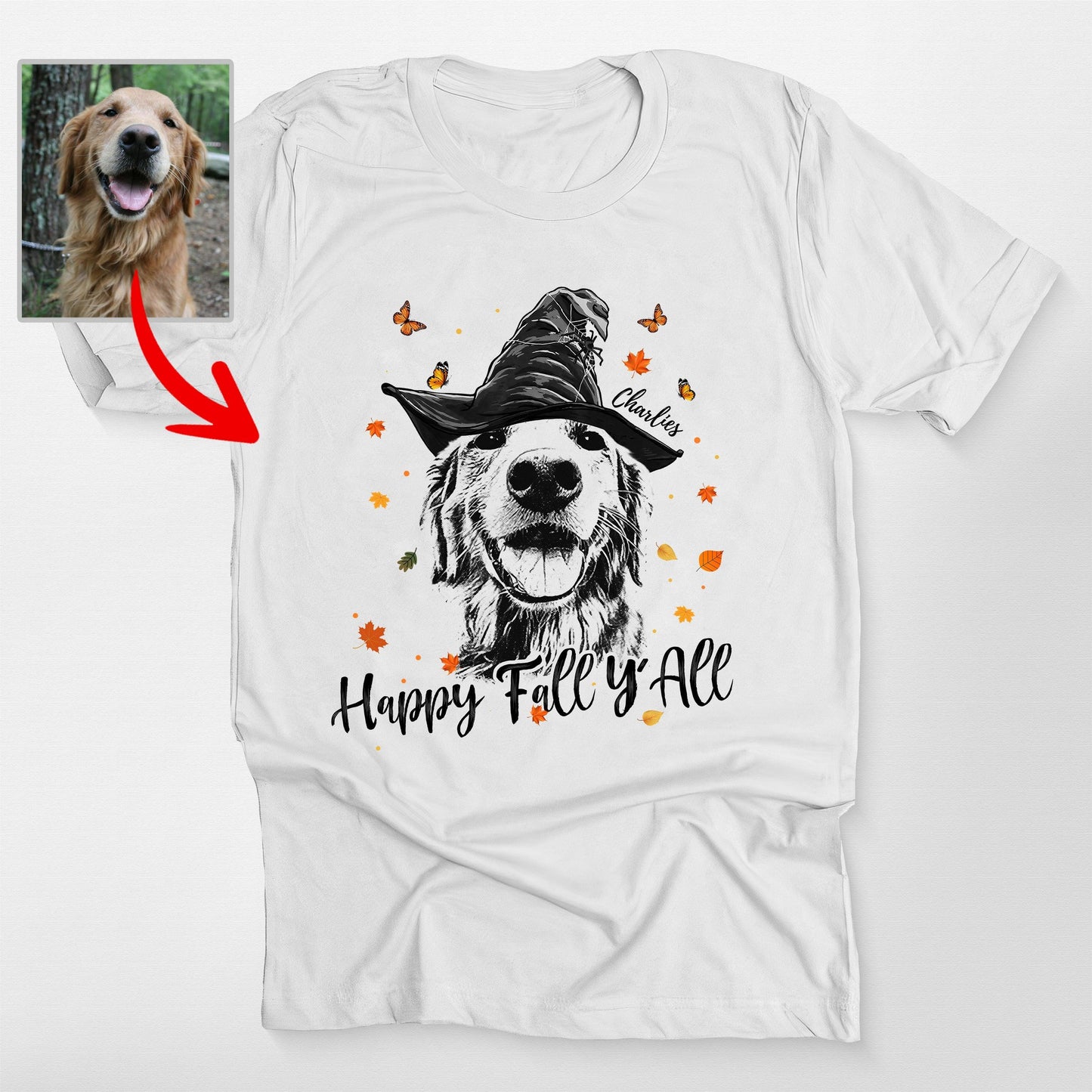 Happy Fall Y'all Customdog Sketch Unisex T-Shirt H, custom pet portrait gift for pet lovers (view 10)