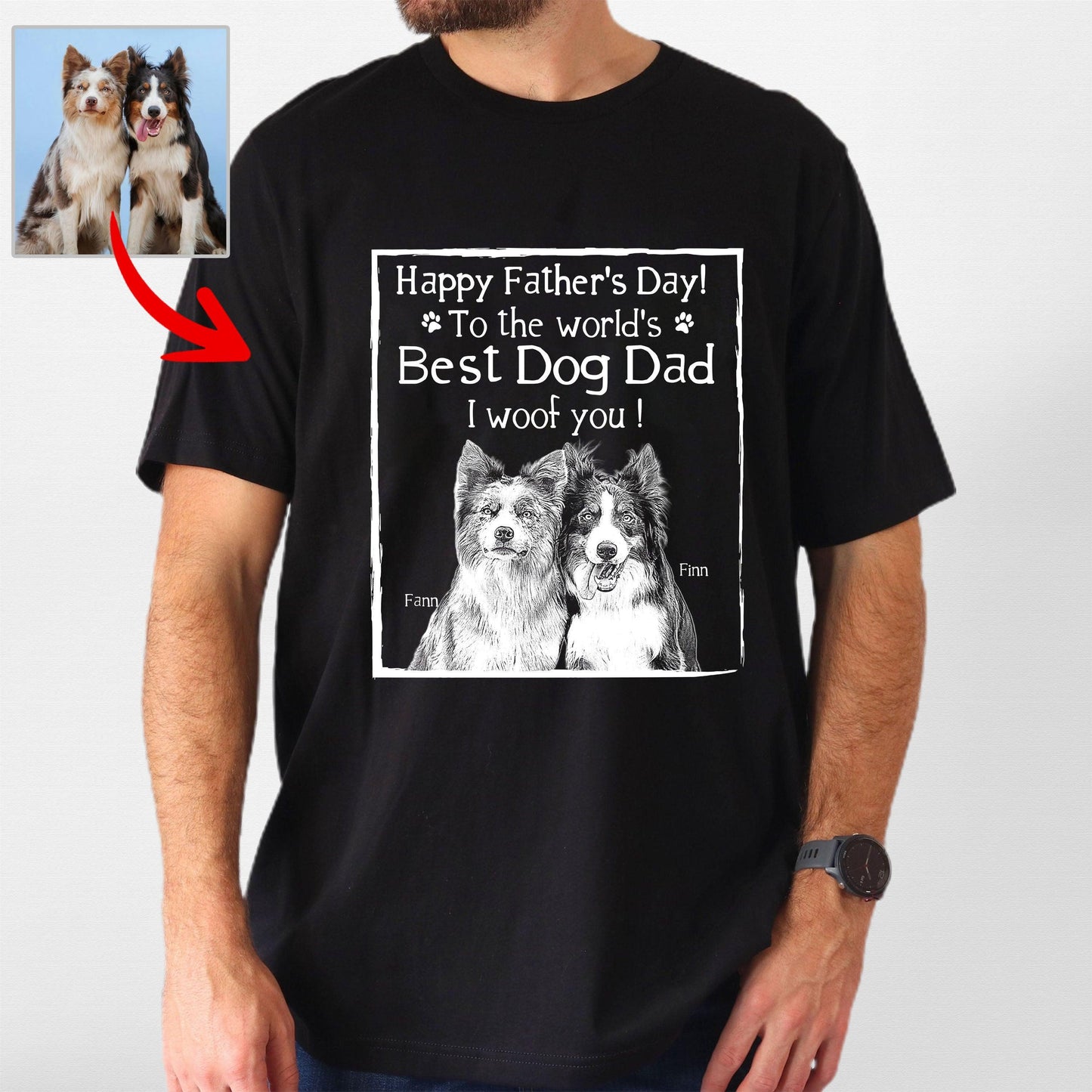 Happy Father's Day Customized Dog Portrait T-Shirt, custom pet portrait gift for pet lovers (view 2)