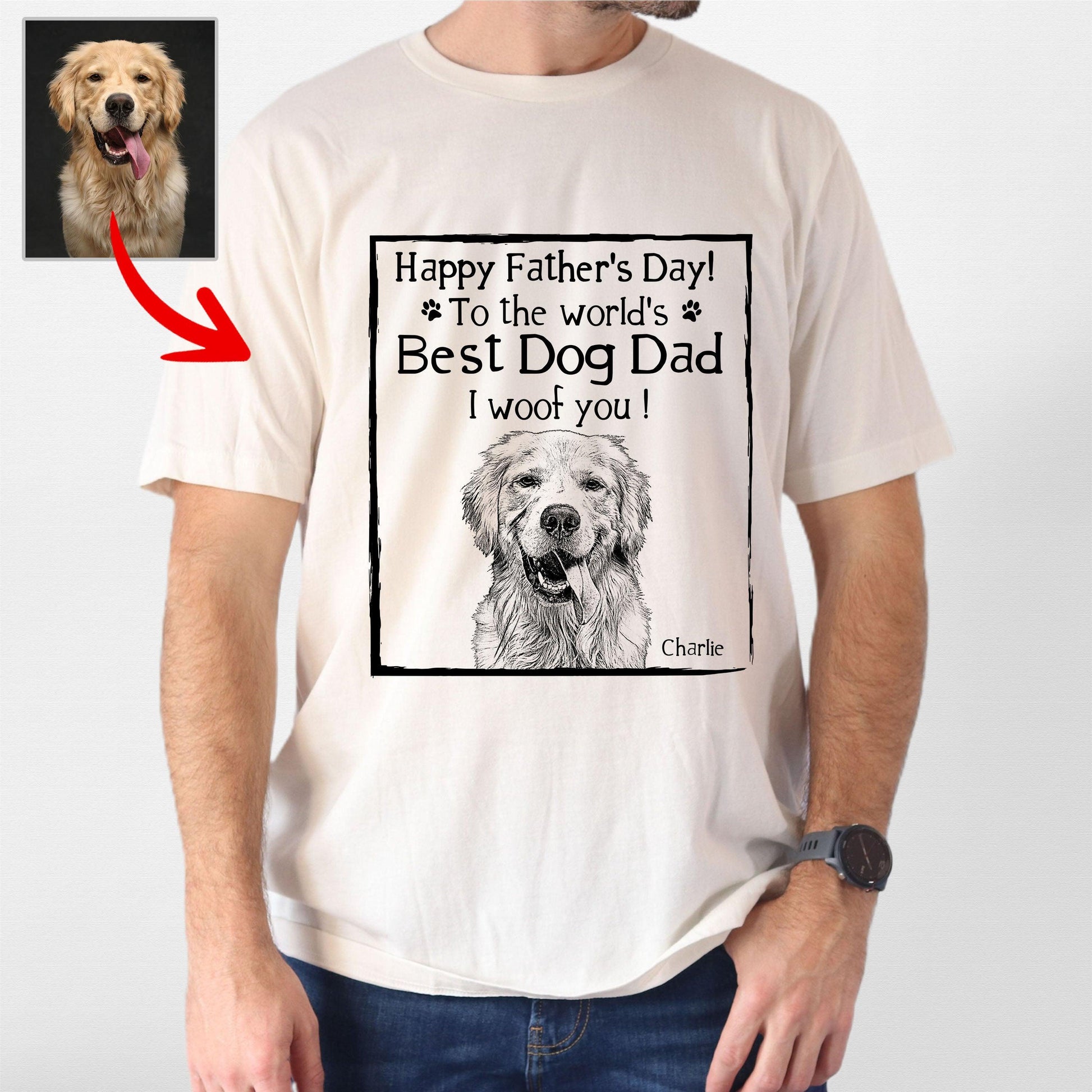 Happy Father's Day Customized Dog Portrait T-Shirt, custom pet portrait gift for pet lovers (view 4)